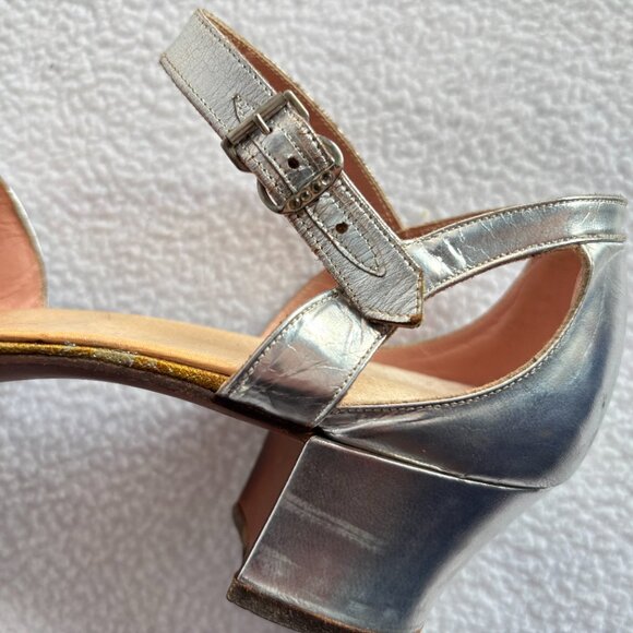Vintage Silver Chunky Heel Peep Toe Heels Pumps - Picture 2 of 12